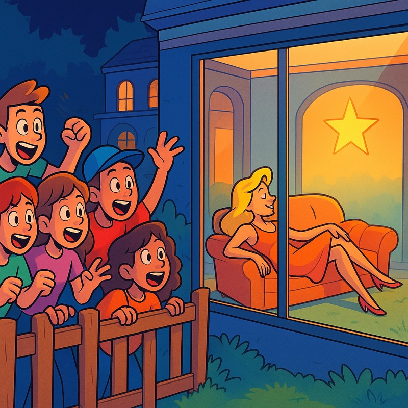 Fans lean over a fence and stare through a glass window, where a star lounges inside